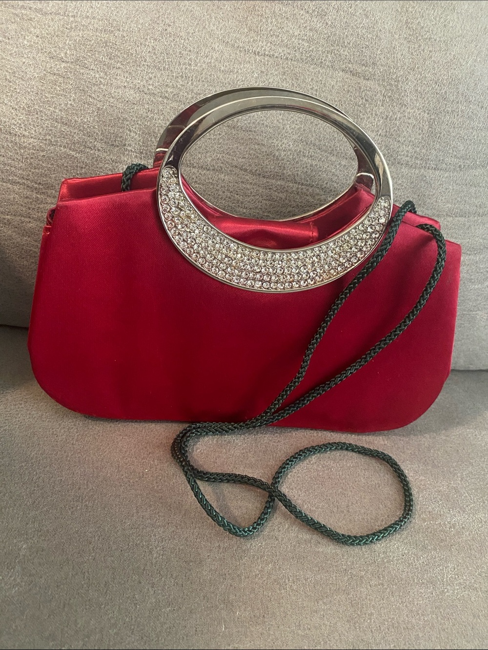 Red Velvet Wristlet Clutch with Silver Ring Handle